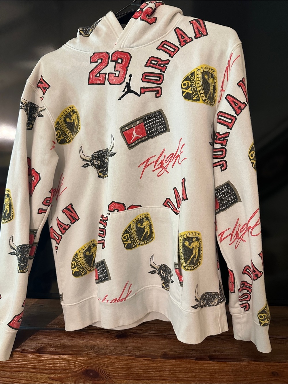 Jordan White Crewneck Hoodie with Red & Yellow Graphics